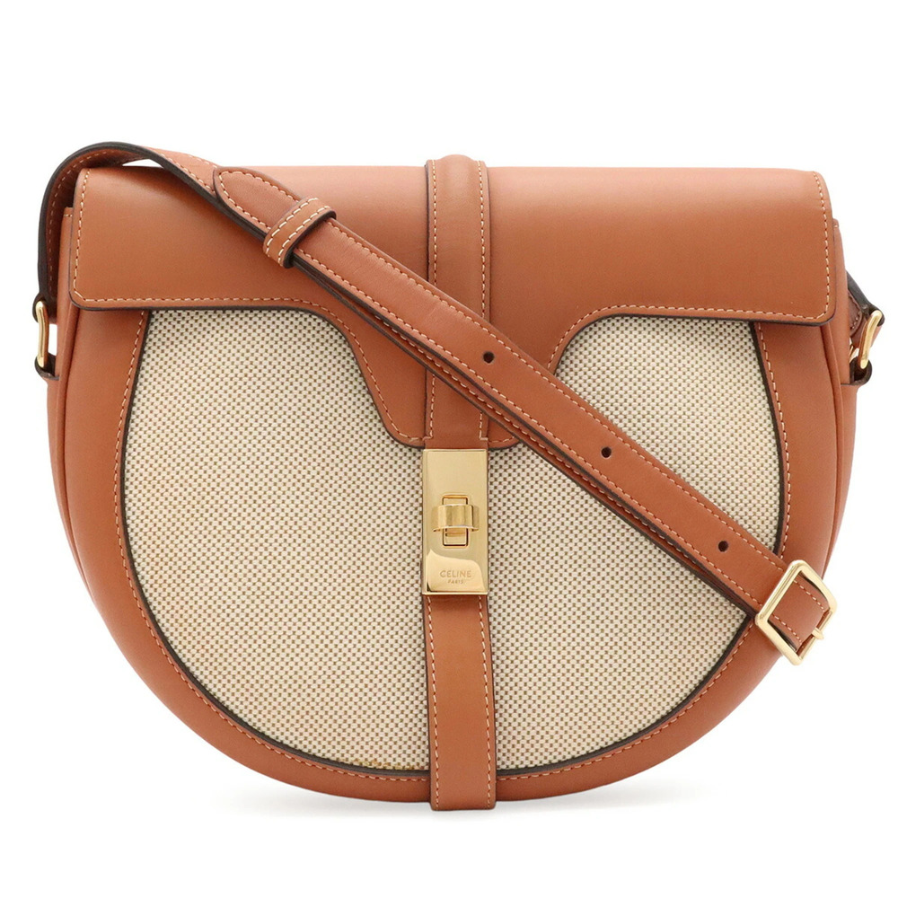 CELINE Besace 16 Seize Shoulder Bag Pochette Leather Canvas Camel Beige